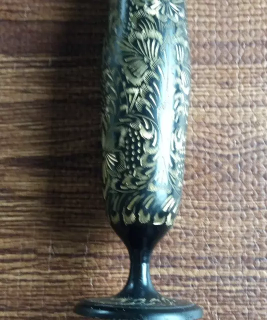 Vintage Collectible Black Gold Brass Hand Etched Indian Bud Vase 8 inches tall
