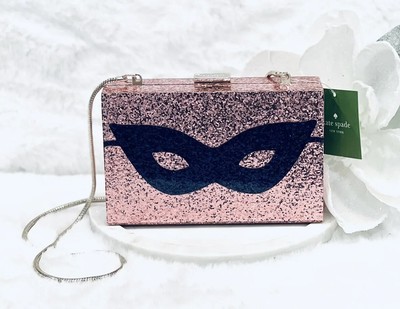 NWT Kate Spade Glitter Mask Box Clutch "Dress the Part" mardi gras Novelty NEW