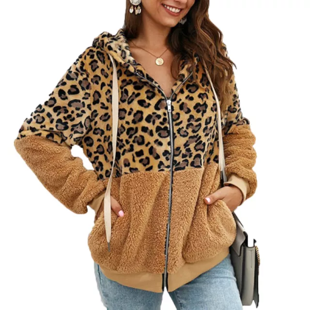 HOODED COAT LONG Sleeve Zip Up Color Block Leopard Autumn Outwear Loose ...