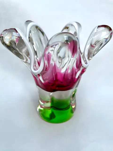 Vintage Josef Hospodka Chribska Czech Art Glass pink & green VASE 1960s VGC