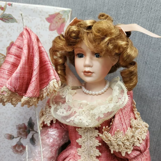Unique Collection Porcelain Doll Victorian Dress Blue Eyes Curly Blond Box Stand