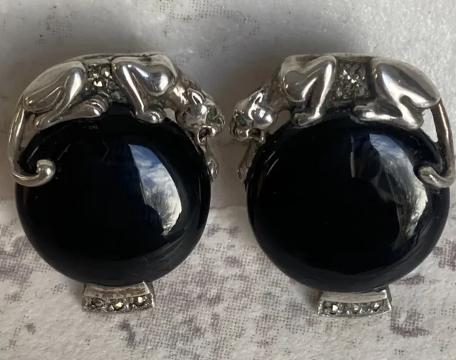 Black Onyx Silver Panther Earrings Set With Emeralds From Ari D Norman