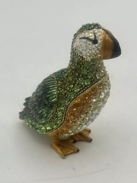 Puffin Hinged Trinket Box Brass Enamel And Rhinestone Jeweled NOS