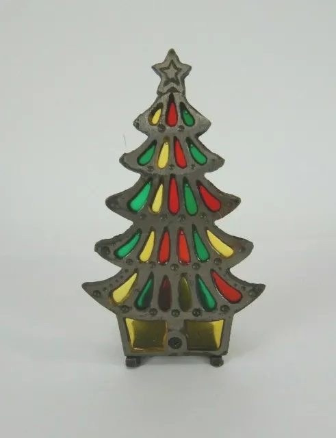 Vintage Stained Glass Metal Christmas Tree Votive Candle Holder 7.5"