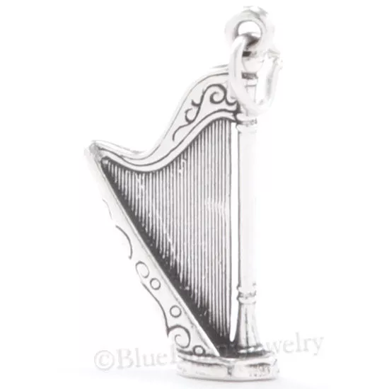 HARP Charm Pendant Celtic Music Ireland Irish Solid .925 STERLING SILVER 3D