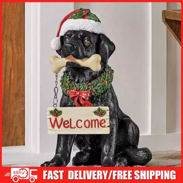 Christmas Style Black Dog Statue Wreath Collar Garden Puppy Statue for Doorways