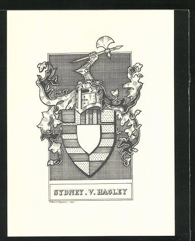 Exlibris von P. Roach-Pierson für Sydney V. Hagley, Wappen mit Ritterhelm und A