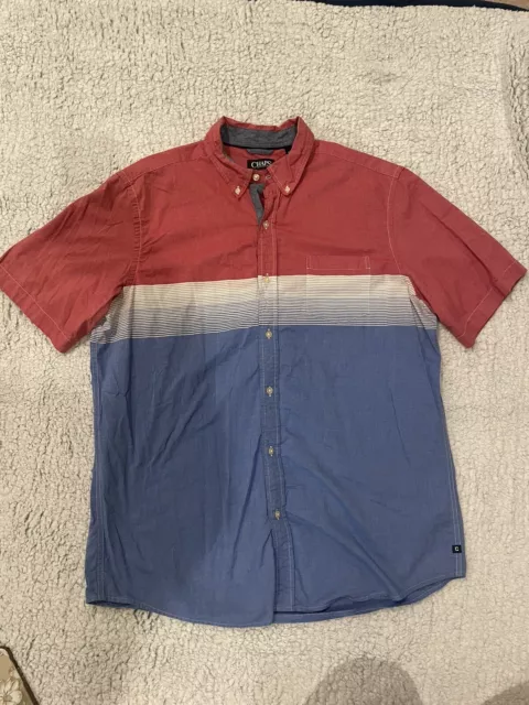 Chaps Shirt Mens XL Red Blue Polo Stripe Button Down Classic Fit Short Sleeve