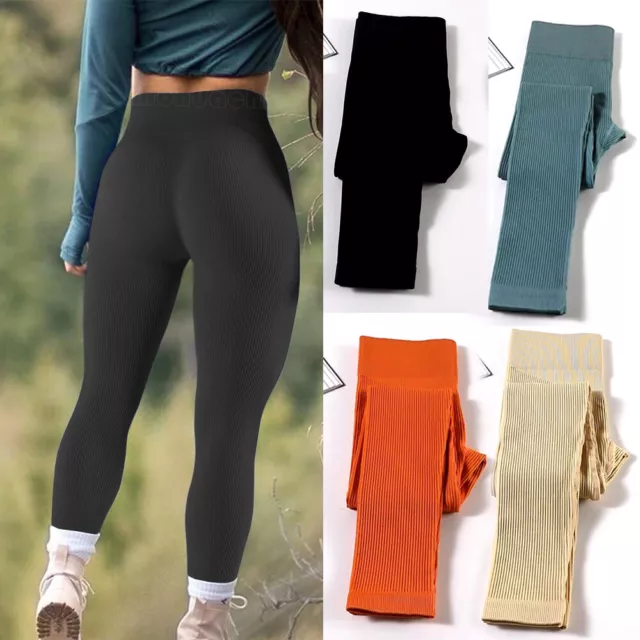 Women High Waist Gym Leggings Ribbed Fitness Sports Running Ladies Yoga Pants UK