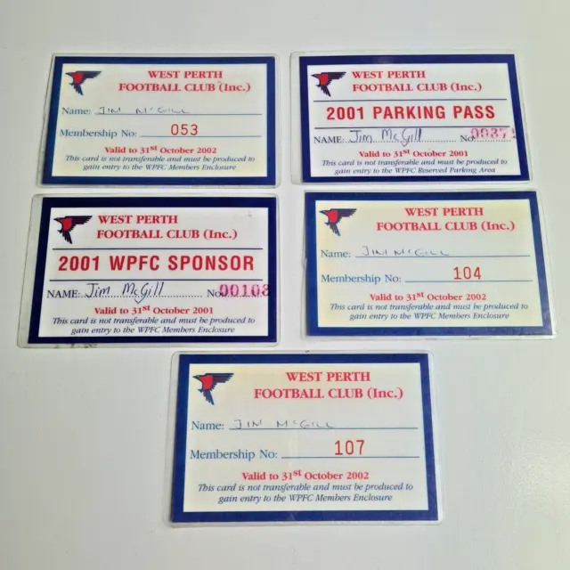 West Perth Football Club Sponsor and Parking Passes Lot of 5 2001 and 2002