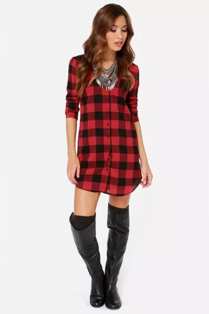 BB Dakota Buffalo Suzett Plaid Red Black Sz M Button Up Long Sleeve Shirt Dress