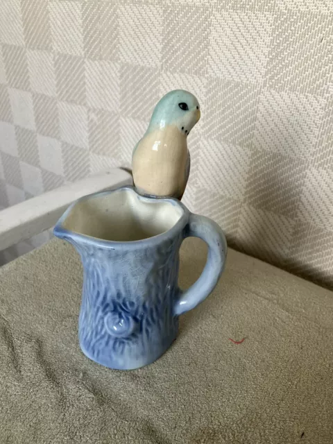 Weetman Ware Jug With Budgie On The Rim .Vintage 9cm High, 14Cm To Top Of Budgie