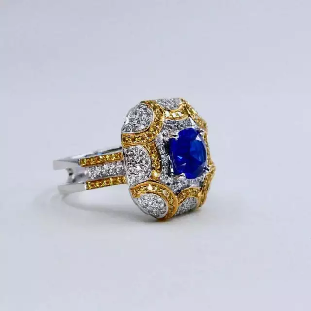 Art Deco Gorgeous Design Ceylon Blue Sapphire With Old Mine Cut CZ Wedding Ring 2