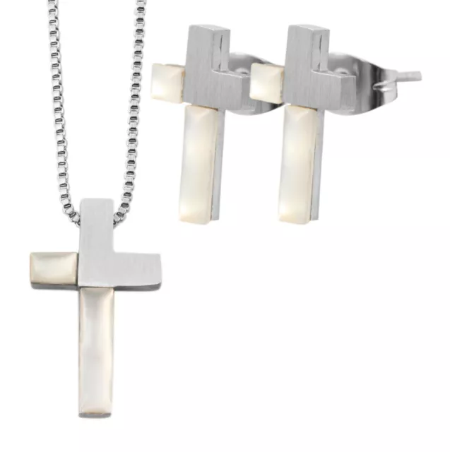 Edelstahl Schmuckset Kreuz Kette + Ohrringe Ohrstecker Halskette silber Perlen