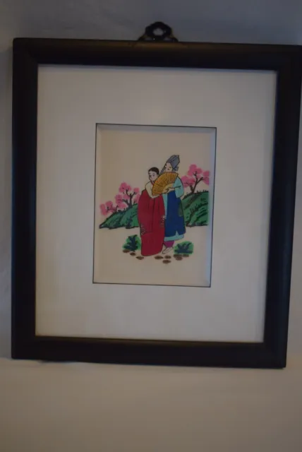 Beautiful Professionally Framed Japanese Silk Embroidery Print   Couple