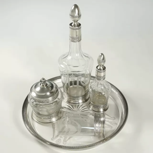 Antique French Sterling Silver Glass Absinthe Liquor Decanter Set, Tray