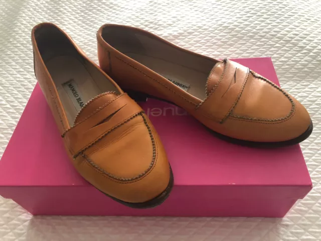 MANOLO BLAHNIK Flats Loafers Penny Oxfords Saddle Tan Sz 36 US 6 Or 35.5 & 5 1/2