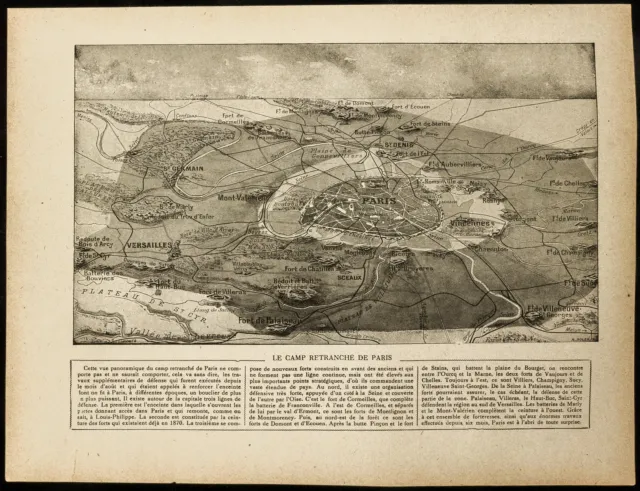 War 14-18: Map of the fortifications of Paris. Panoramic view. Military