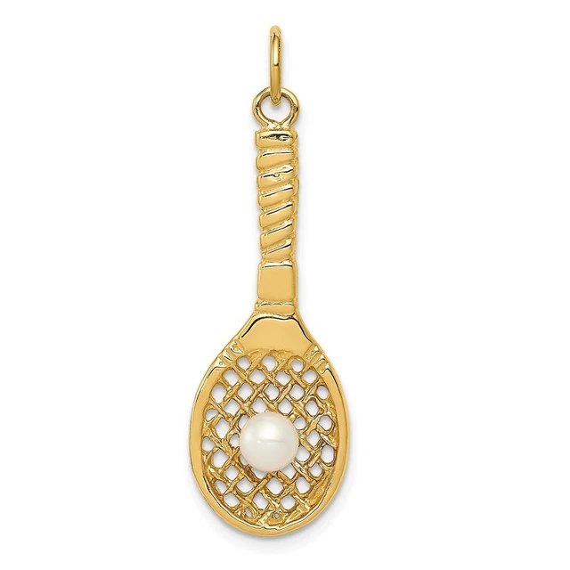 Real 14K Yellow Gold Tennis Racquet W/FW Cultured Pearl Charm; Women & Men