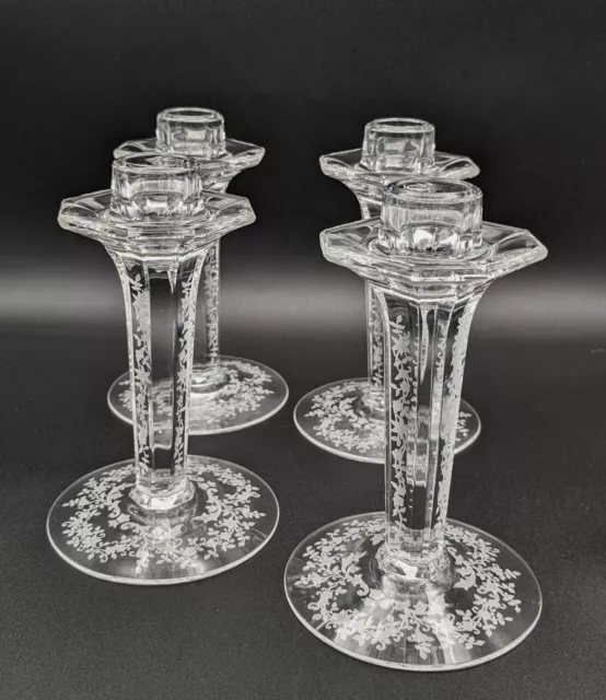 Fostoria Etched Clear Crystal Glass Octagonal Candlestick, Set of 4, 6"