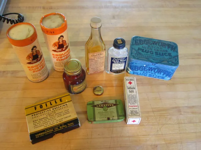 lot groupe boîtes vintage, bouteilles de médicaments, tabac edgeworth, verre-glo, pétrolatum