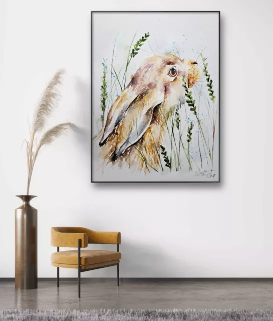 All new large original watercolour painting of a Hare Signed By Elle Smith Art
