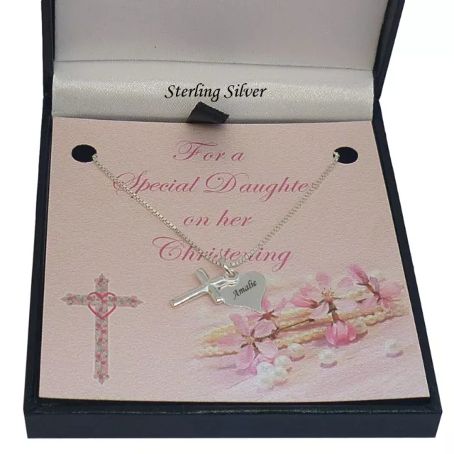 Sterling Silver Necklace with Cross & Engraved Tag. Christening Gift for Girl.