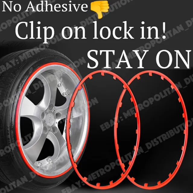 wheel alloy rim protectors 18" RED x4 NON ADHESIVE clip ON lock in and STAY ON