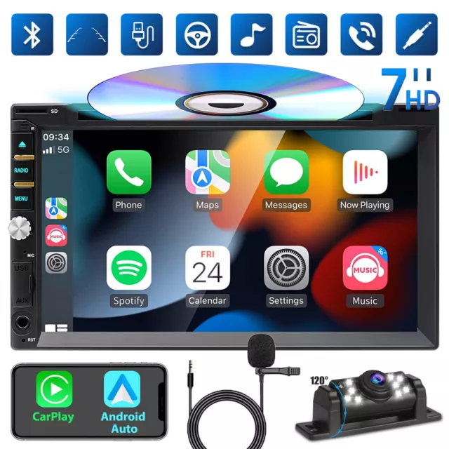 7" Car DVD CD Head Unit Player Stereo Radio Apple CarPlay Android Double Din CAM