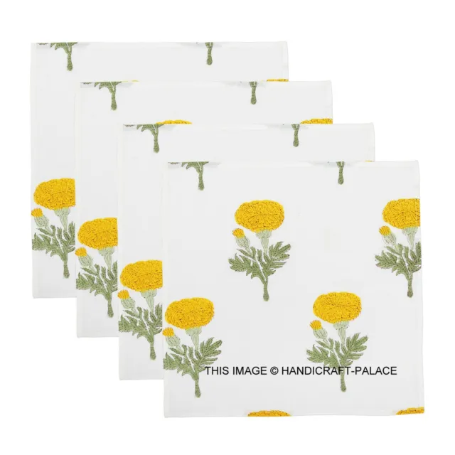 Mano Bloque Estampado Amarillo Floral Servilletas Mesa Lino Algodón Hermoso 4pc