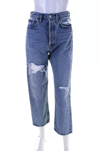 Agolde Womens Blue Light Wash Ripped Fly Button Straight Leg Jeans Size 26