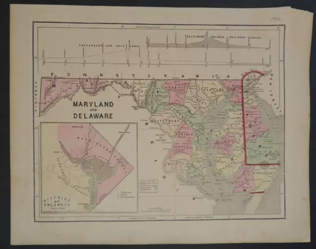 ANTIQUE PRE-CIVIL WAR HAND COLORED MAP of MARYLAND & DELAWARE & WASGHINGTON D.C.