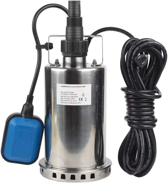 Bomba de Aguas Acero Inoxidable Sumergible 1 HP 3000GPH Interruptor Con Profundo