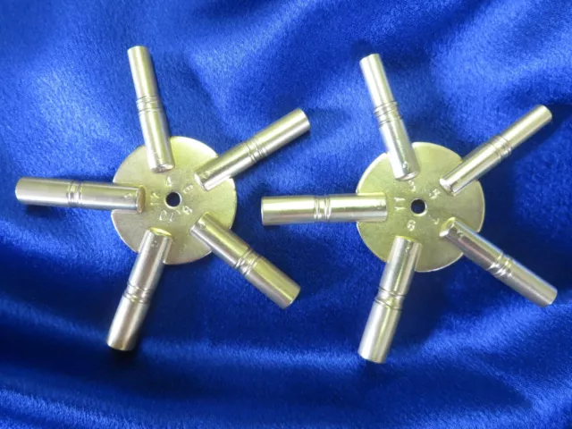 2 Universal Brass Clock Winding Keys - Odd & Even Sizes 5 Prong Star Made in USA