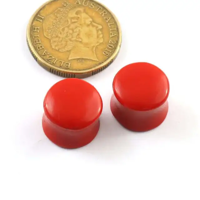 Red Coral Round Shape Handmade Ear Gauges Pair Red Coral Organic Stone Plug Red
