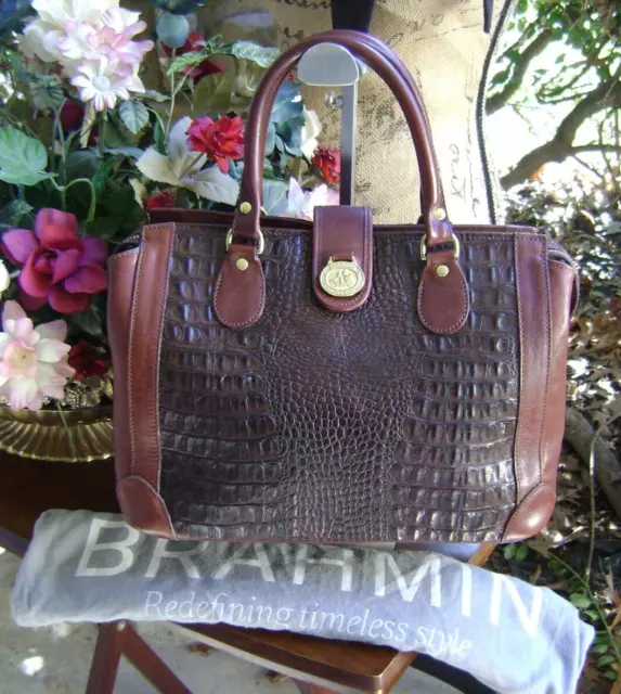 Brahmin LG Doctor Bag Brown Melbourne Crocodile Emb/Finished Leather Handbag VTG