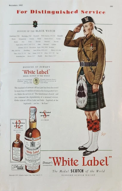 1937 Dewars White Label Scotch Vintage Ad Distinguished Service