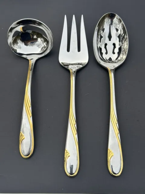 Gorham Golden Swirl Serving Set Pierced Spoon, Cold Meat Fork, & Gravy Ladle