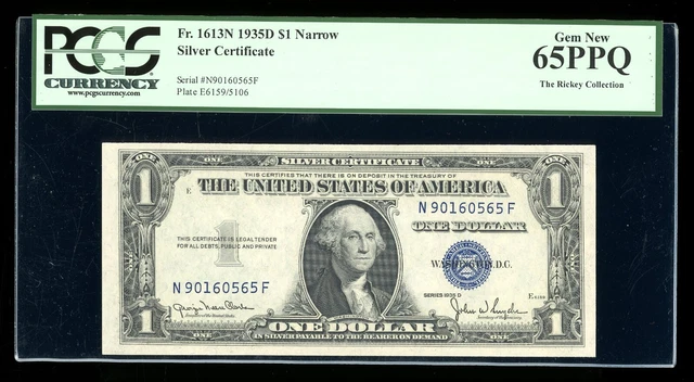 DBR 1935-D $1 Silver Gem Fr. 1613N Narrow NF Block PCGS 65 PPQ Serial N90160565F