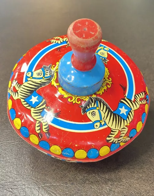 Vintage 1960's Ohio Art Metal Spinning Top with Wood Handle Litho Tin Toy Zebra