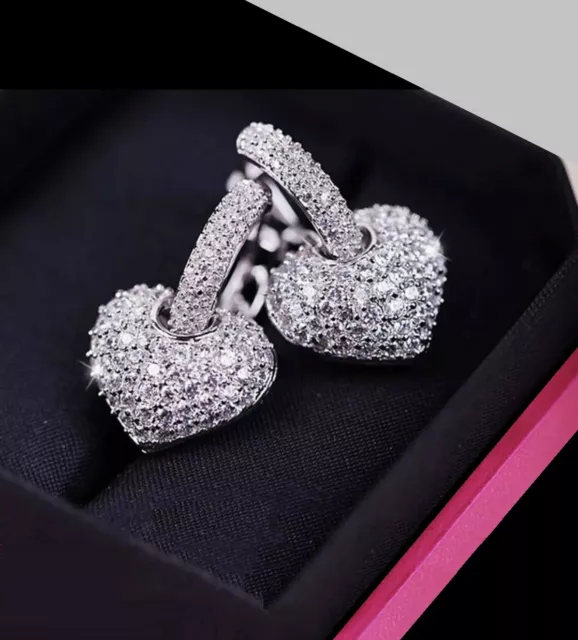 14k White Gold Plated Heart Earrings made w Swarovski Crystal Designer Inspired