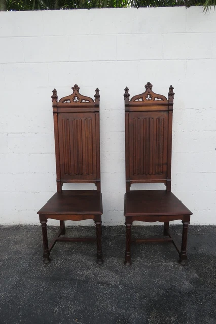 Gothic Late 1800s Tall Hand Carved Chairs a Pair 3749