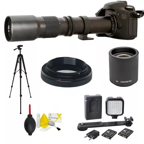 Telephoto Zoom Lens 500-1000Mm + Tripod + Led Light For Canon Eos Rebel Dslr