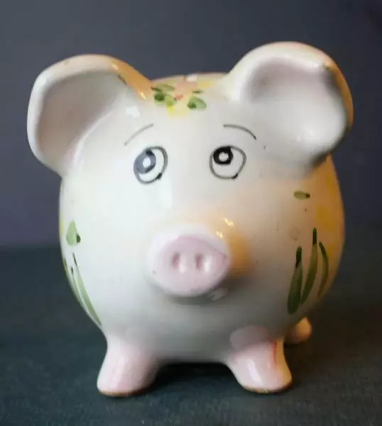 Pig Figurine Piggy Bank Ceramic Porcelain Hand Painted Yellow Flowers Greenery -