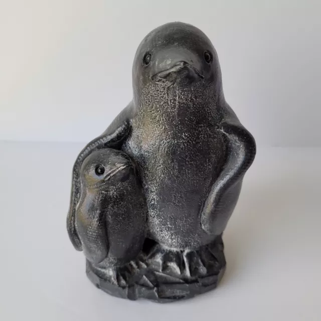 Vintage Signed Wolf WE Original Art Mom & Baby Penguins Dated  Sculpture Canada 