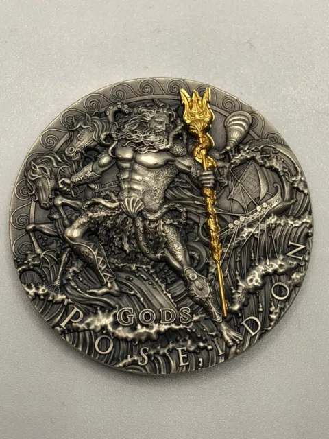 Niue Island 2018 POSEIDON GOD OF SEA series GODS $2 Silver Coin Gold plated 2 oz