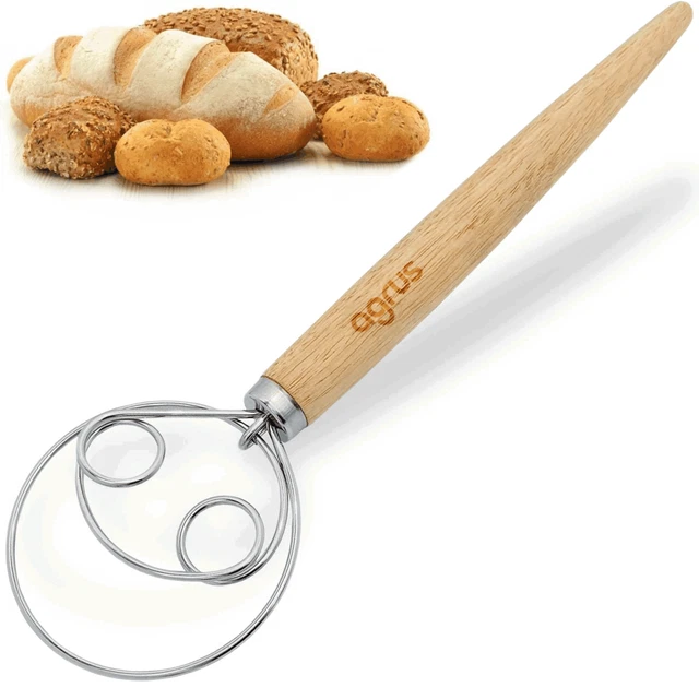 Danish Dough Whisk for Making Bread and Baking Long Wooden Handle 2 Ring Whisk