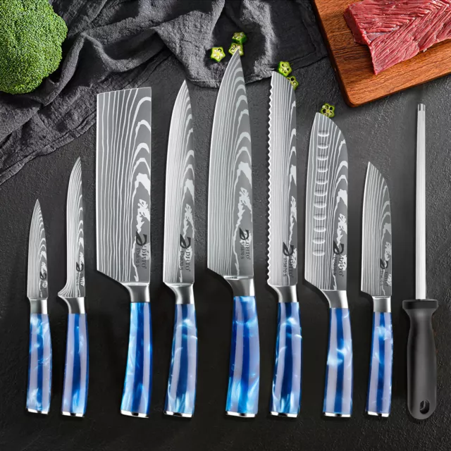 8Pcs Kitchen Knife Set Professional Damascus Pattern Chef Knives With Bag Blue