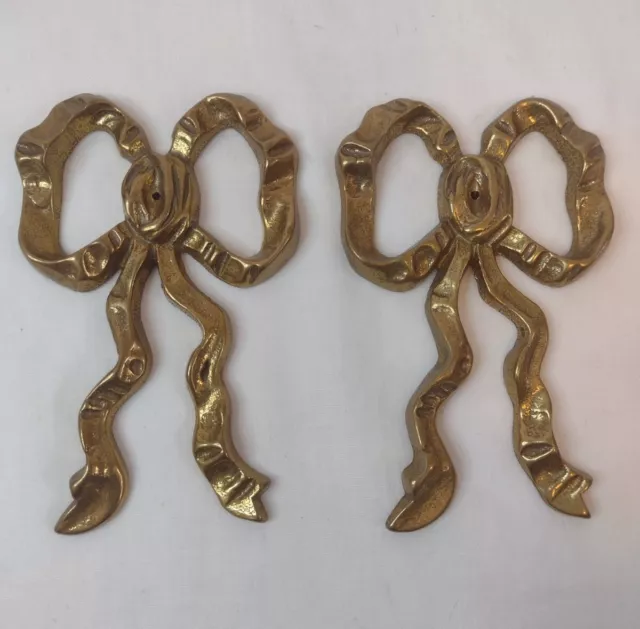 Solid Brass Bows Vintage Curtain Swag Wall Decor Pair 4" French Country Style