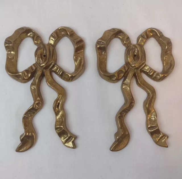 Vintage Solid Brass Bows Swag Curtain Wall Decor, Pair 4" French Country Style